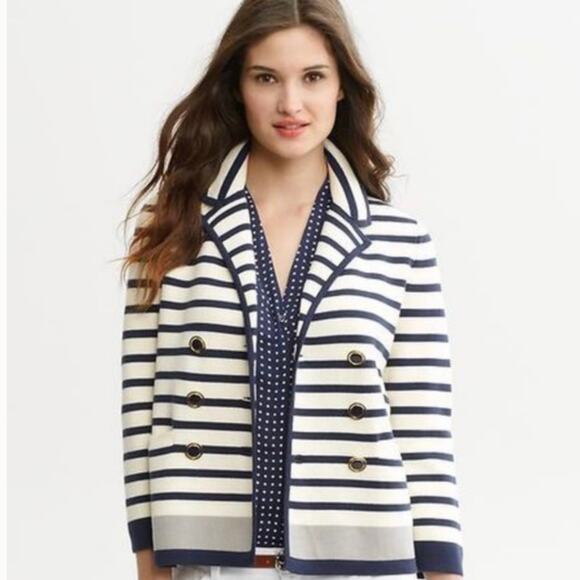 Banana Republic Knitted Jacket Women's S Navy Blue Cream Striped Nautical M - Picture 1 of 10